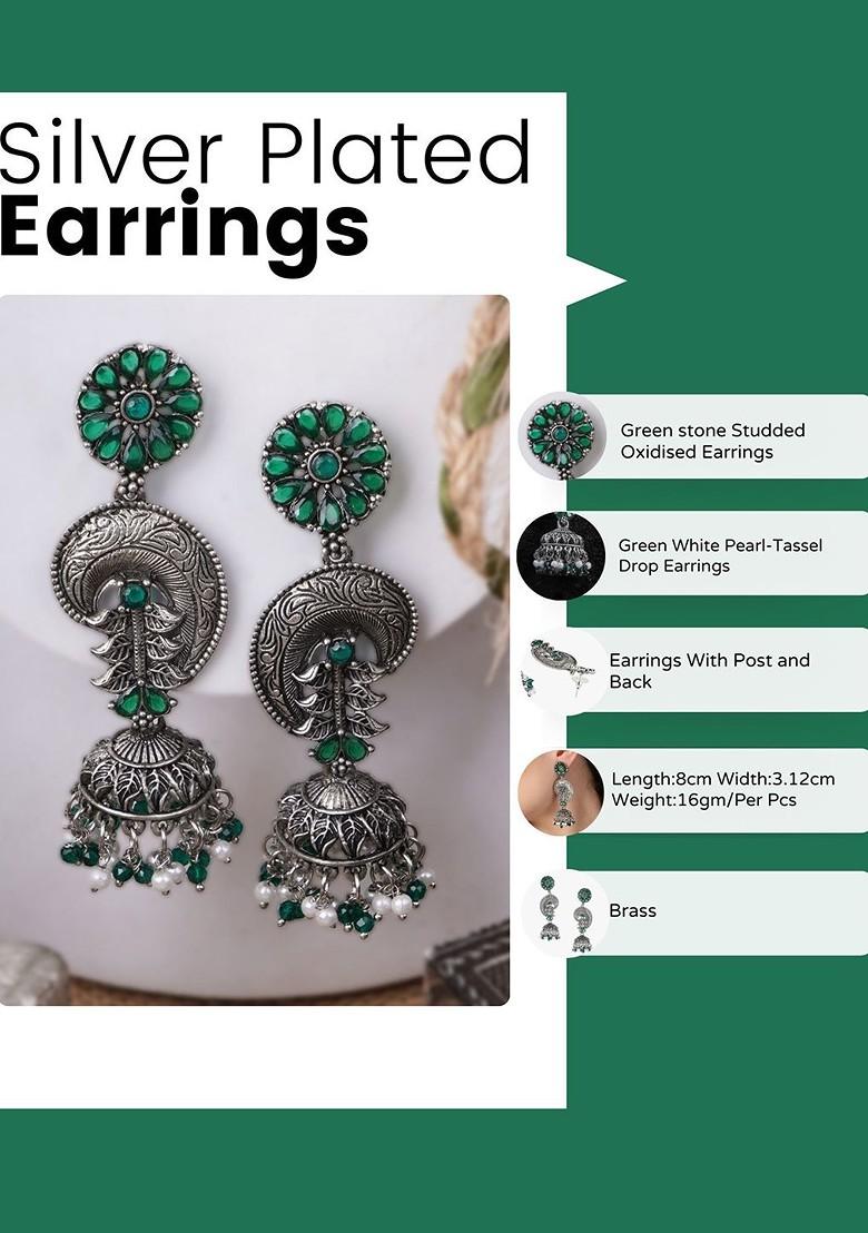 Silver  Stones Studded  Silver Plated  Earrings