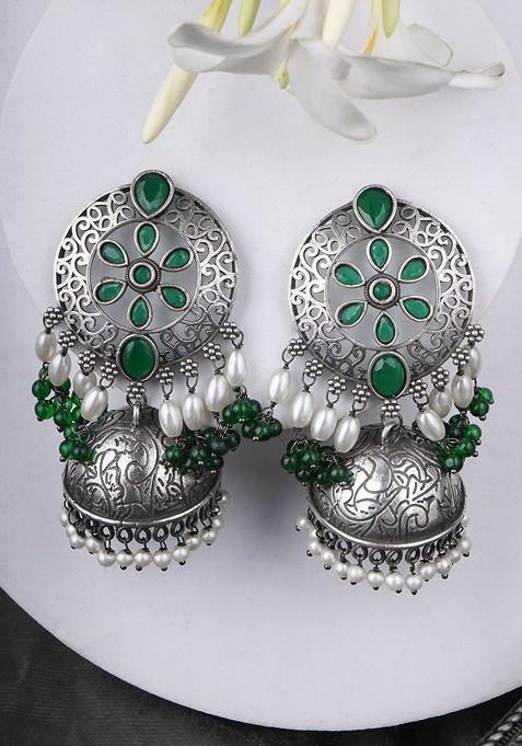 Silver  Stones Studded  Silver Plated  Earrings