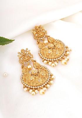 Gold Stone Studded And Beaded Gold Plated Earrings