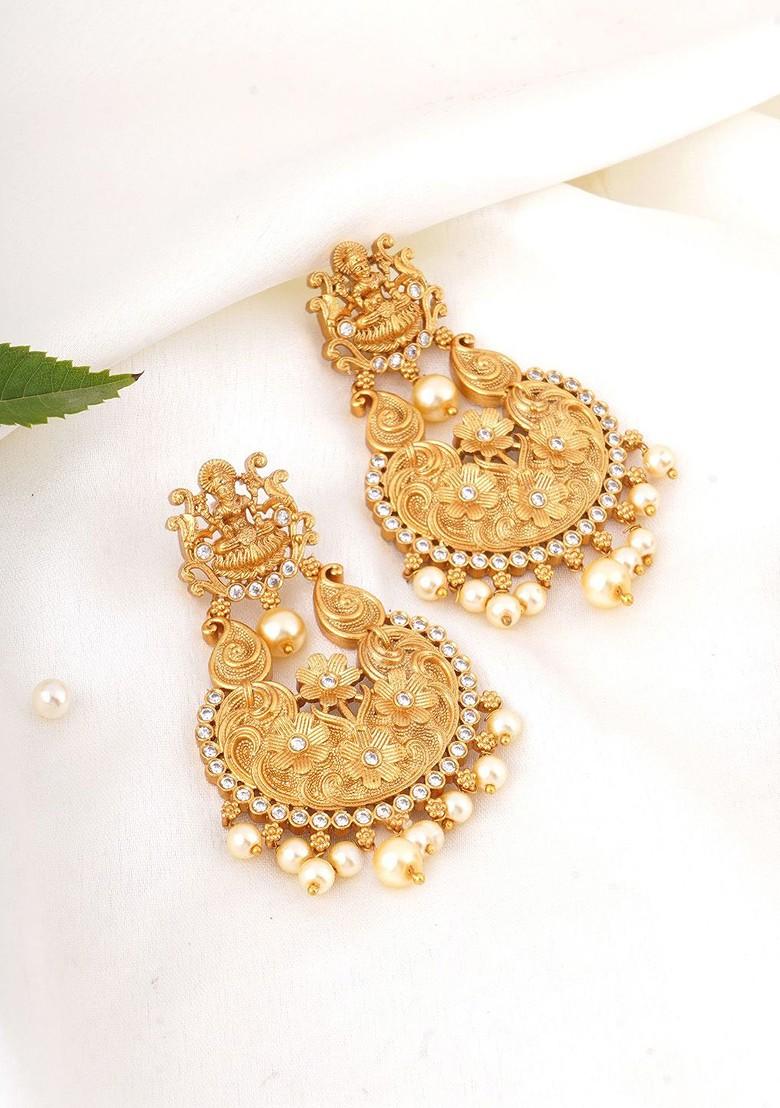Gold Stone Studded And Beaded Gold Plated Earrings