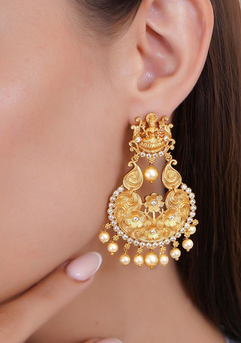 Gold Stone Studded And Beaded Gold Plated Earrings