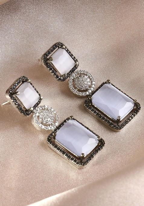 Lavender Stone Studded And Beaded Rhodium Plated Earrings