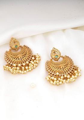 Gold Stone Studded And Beaded Gold Plated Earrings