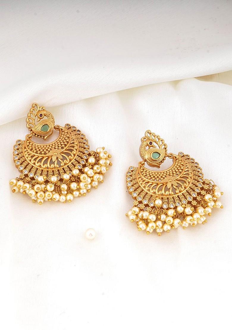 Gold Stone Studded And Beaded Gold Plated Earrings