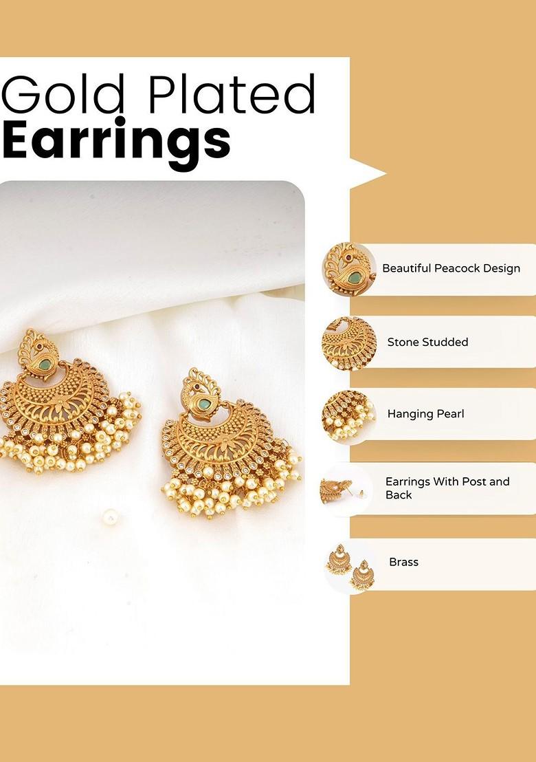 Gold Stone Studded And Beaded Gold Plated Earrings