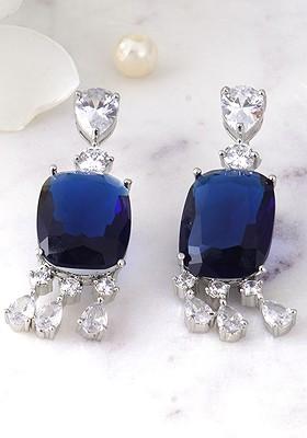 Silver Stone Studded And Beaded Rhodium Plated Earrings