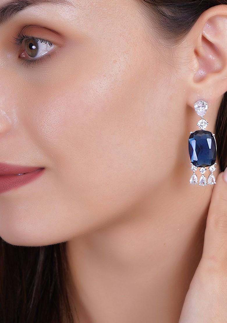 Silver Stone Studded And Beaded Rhodium Plated Earrings