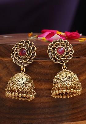 Gold Stone Studded And Beaded Gold Plated Earrings