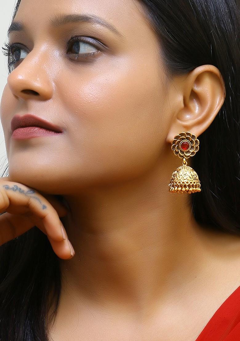 Gold Stone Studded And Beaded Gold Plated Earrings