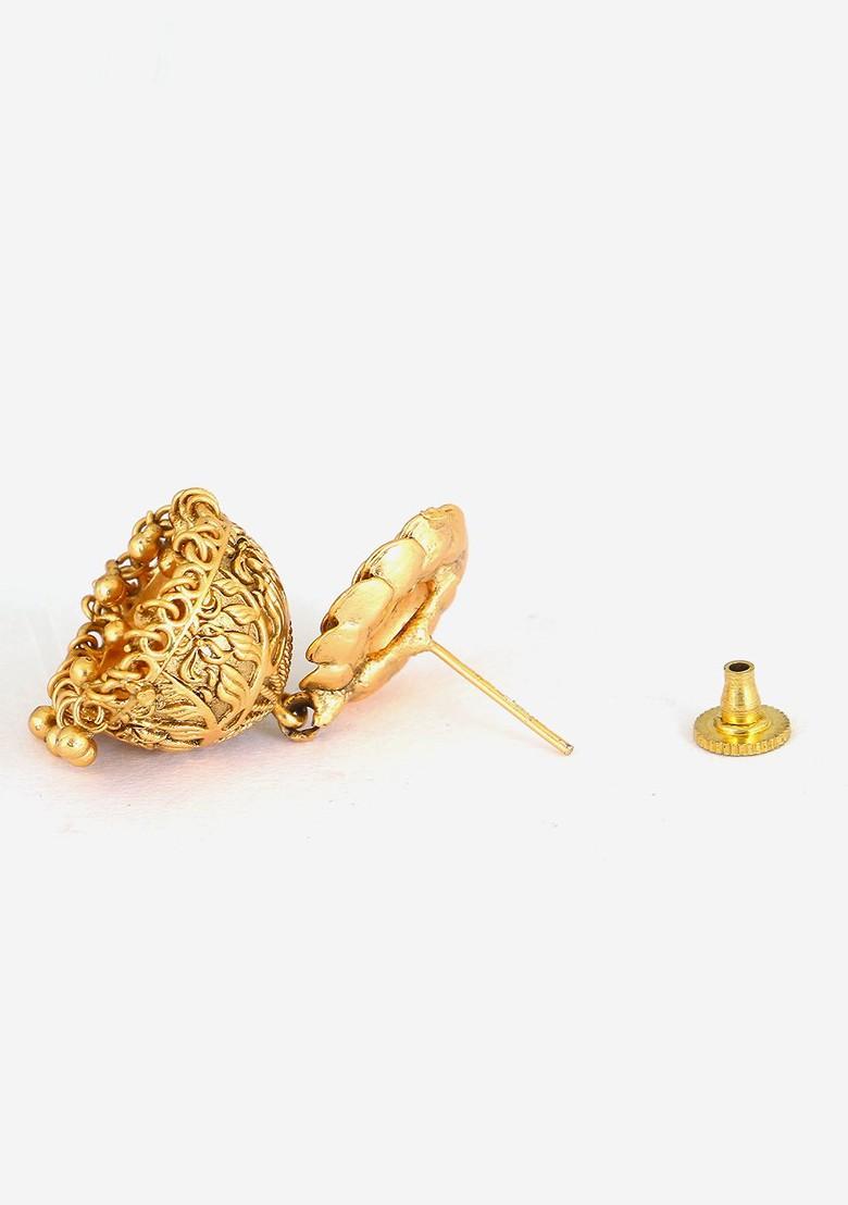 Gold Stone Studded And Beaded Gold Plated Earrings