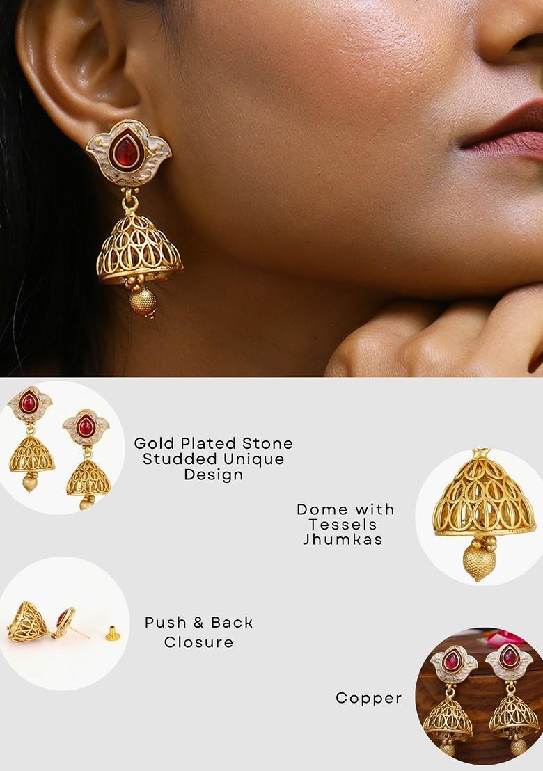 Gold Stone Studded And Beaded Gold Plated Earrings
