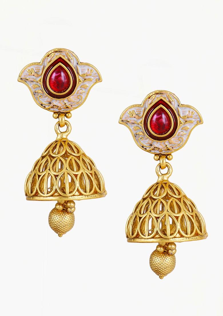 Gold Stone Studded And Beaded Gold Plated Earrings