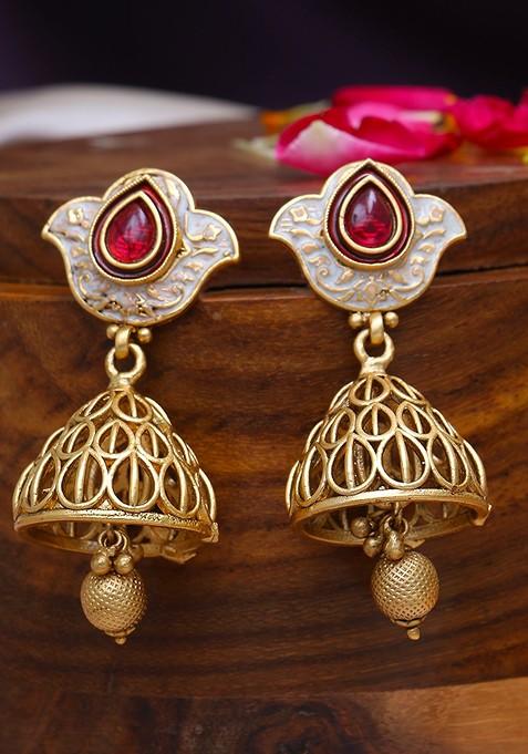 Gold Stone Studded And Beaded Gold Plated Earrings