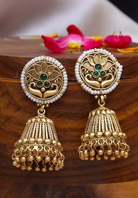 Gold Stone Studded And Beaded Gold Plated Earrings