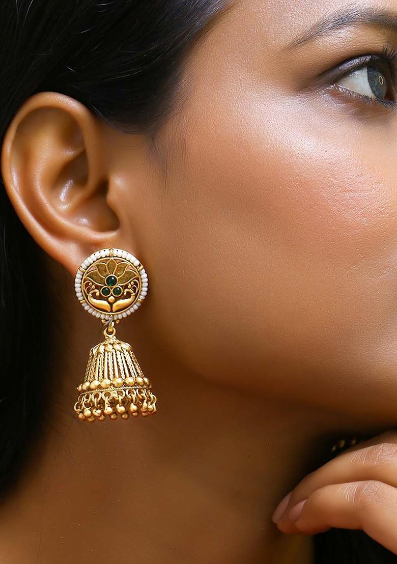 Gold Stone Studded And Beaded Gold Plated Earrings