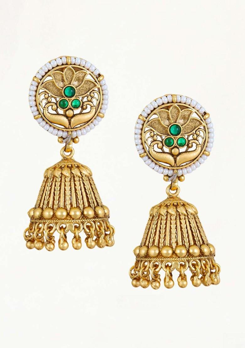 Gold Stone Studded And Beaded Gold Plated Earrings