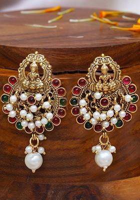 Gold Stone Studded And Beaded Gold Plated Earrings
