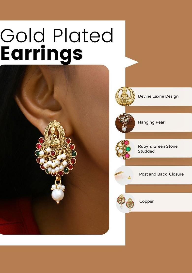 Gold Stone Studded And Beaded Gold Plated Earrings