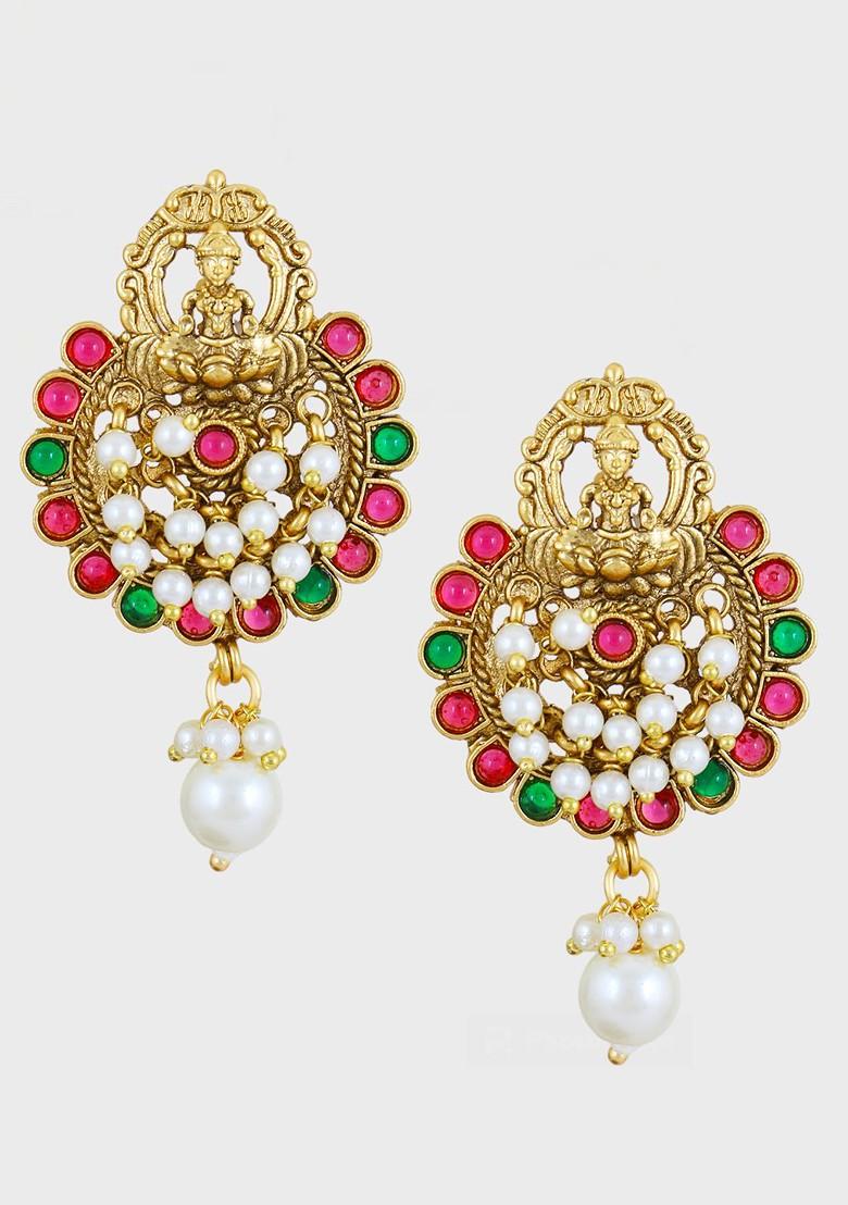 Gold Stone Studded And Beaded Gold Plated Earrings