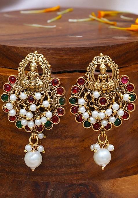 Gold Stone Studded And Beaded Gold Plated Earrings