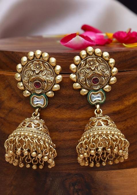 Gold Artificial Stones And Beads Gold Plated Earrings