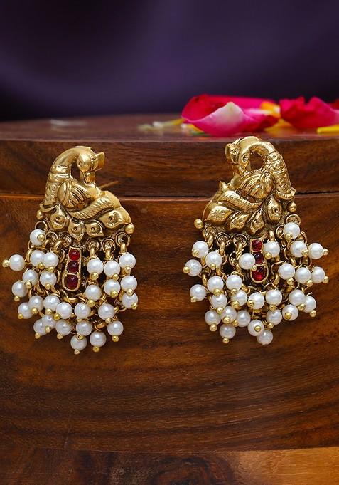 Gold Stone Studded And Beaded Gold Plated Earrings