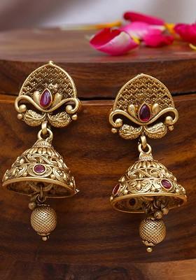 Gold Artificial Stones And Beads Gold Plated Earrings - Indya