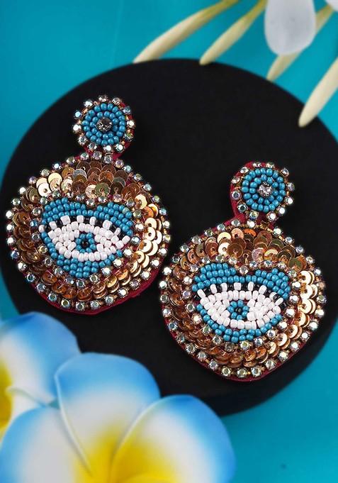 Blue Artificial Stones And Beads Rhodium Plated Earrings