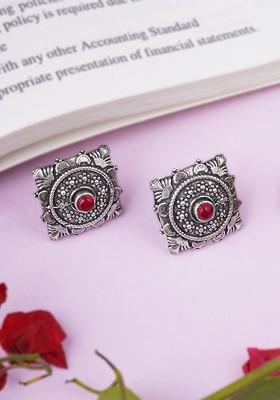Red Artificial Stones And Beads Rhodium Plated Earrings