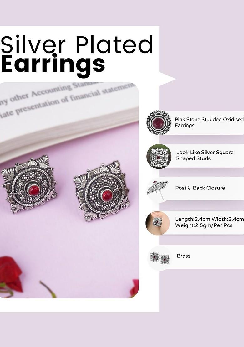 Red Artificial Stones And Beads Rhodium Plated Earrings