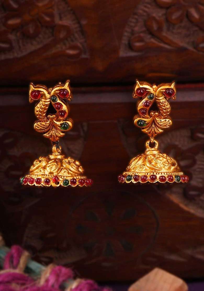 Gold Artificial Stones And Beads Gold Plated Earrings - Indya