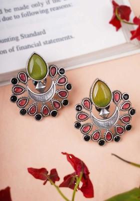Silver Artificial Stones And Beads Silver Plated  Earrings