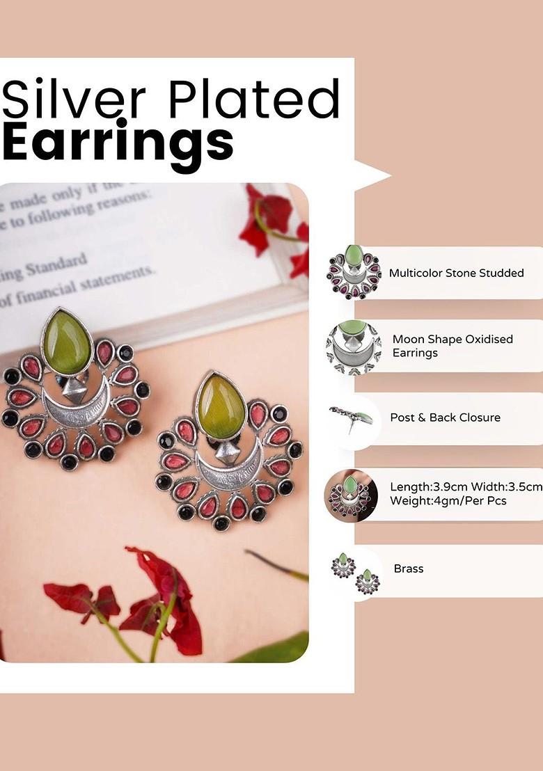 Silver Artificial Stones And Beads Silver Plated  Earrings