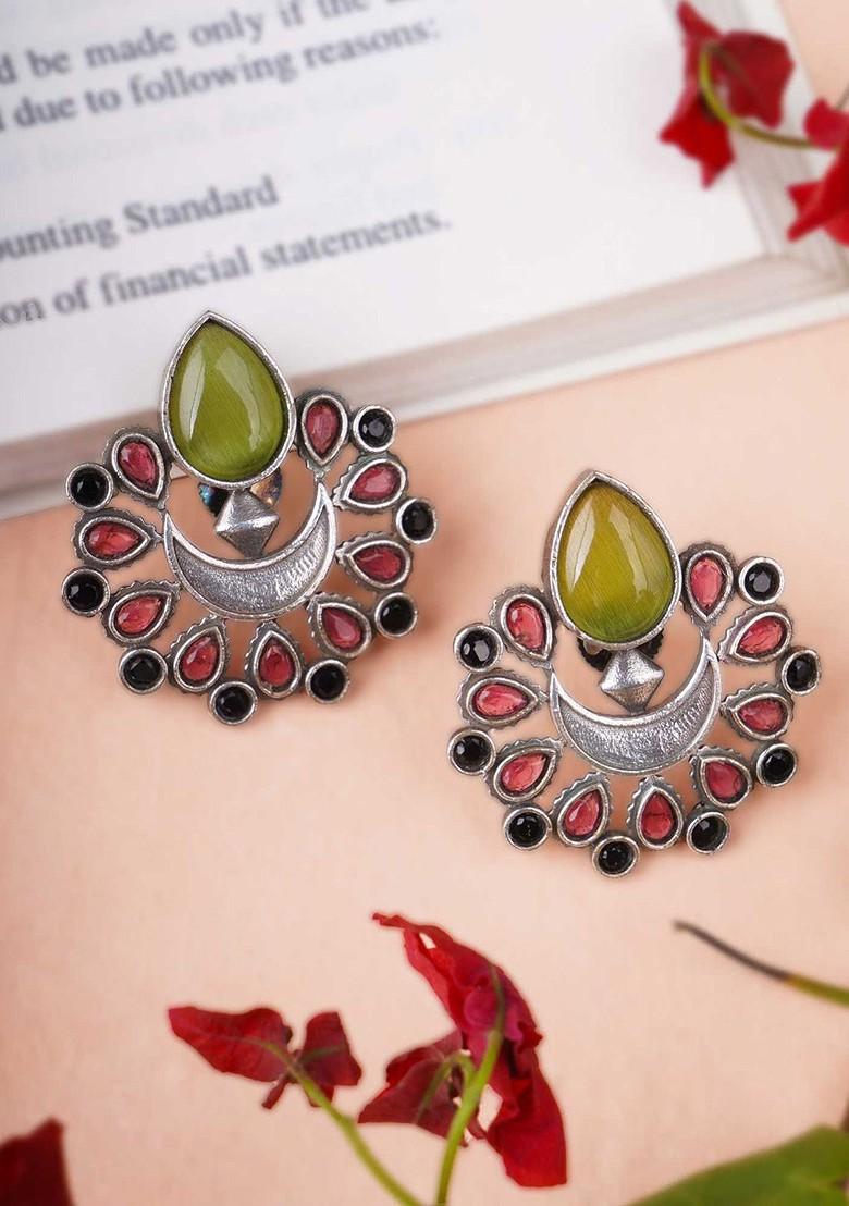 Silver Artificial Stones And Beads Silver Plated  Earrings