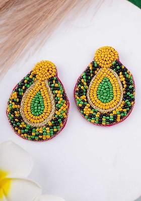 Yellow Artificial Stones And Beads Rhodium Plated Earrings