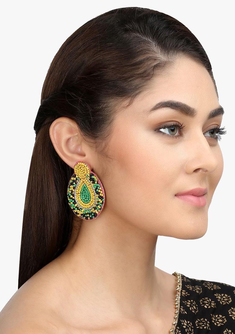 Yellow Artificial Stones And Beads Rhodium Plated Earrings