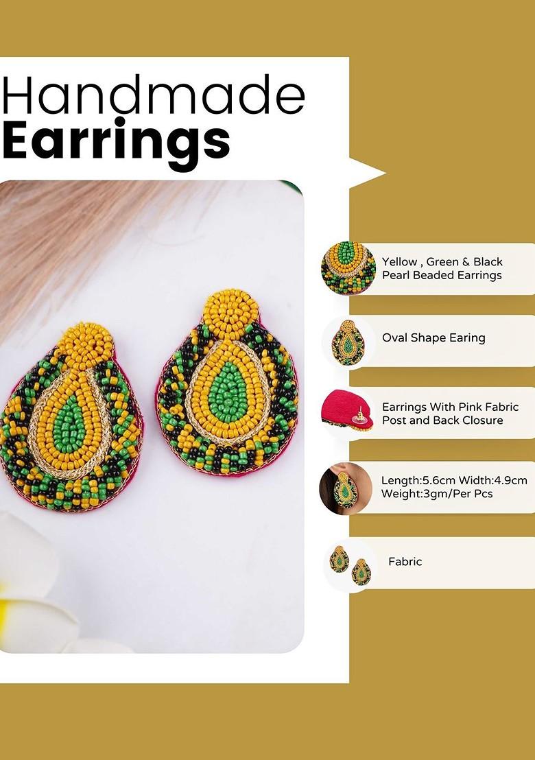 Yellow Artificial Stones And Beads Rhodium Plated Earrings