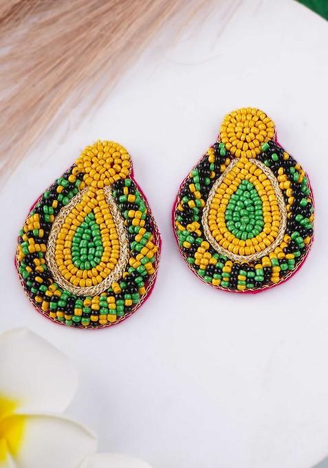 Yellow Artificial Stones And Beads Rhodium Plated Earrings