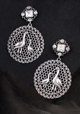 Silver Artificial Stones And Beads Silver Plated  Earrings