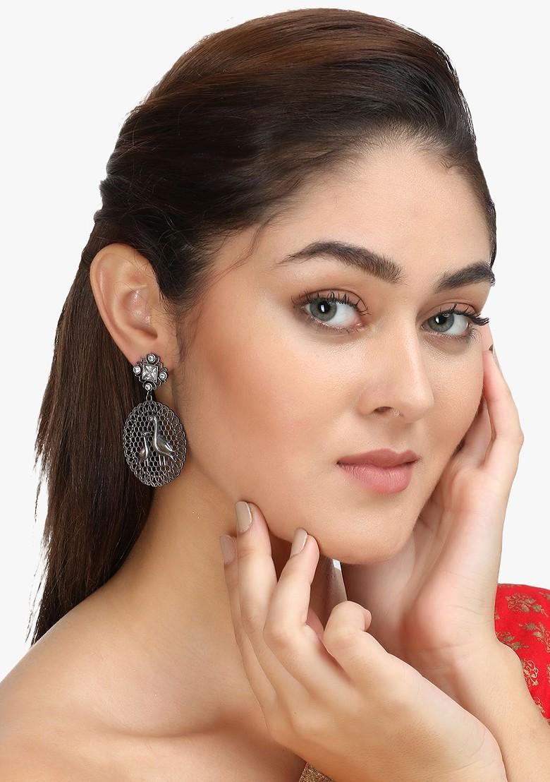 Silver Artificial Stones And Beads Silver Plated  Earrings