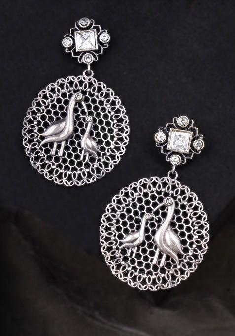 Silver Artificial Stones And Beads Silver Plated  Earrings