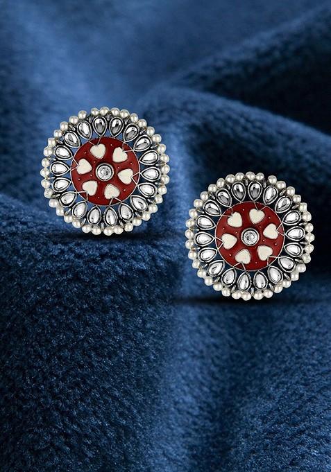 Silver Artificial Stones And Beads Silver Plated  Earrings