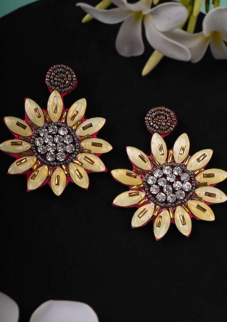 Gold Artificial Stones And Beads Rhodium Plated Earrings - Indya