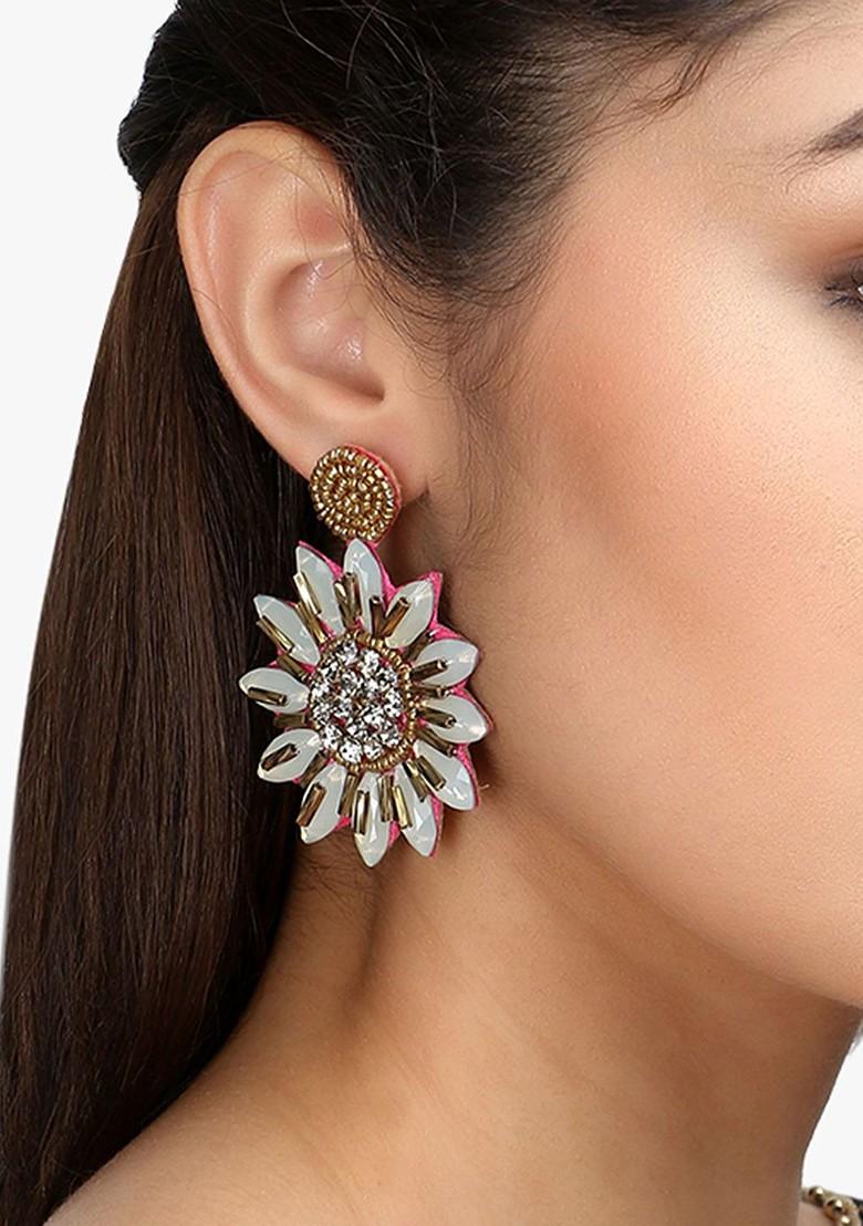 Gold Artificial Stones And Beads Rhodium Plated Earrings