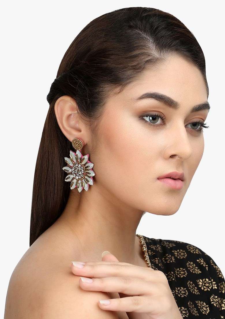 Gold Artificial Stones And Beads Rhodium Plated Earrings - Indya