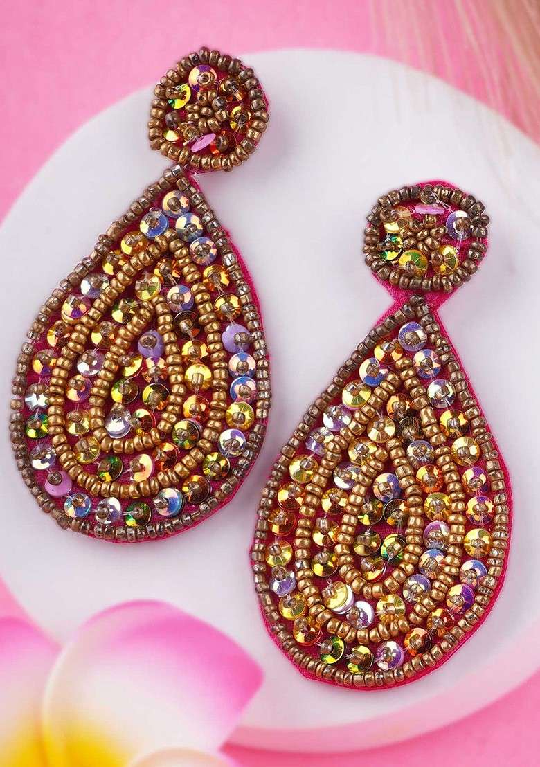Gold Artificial Stones And Beads Rhodium Plated Earrings - Indya
