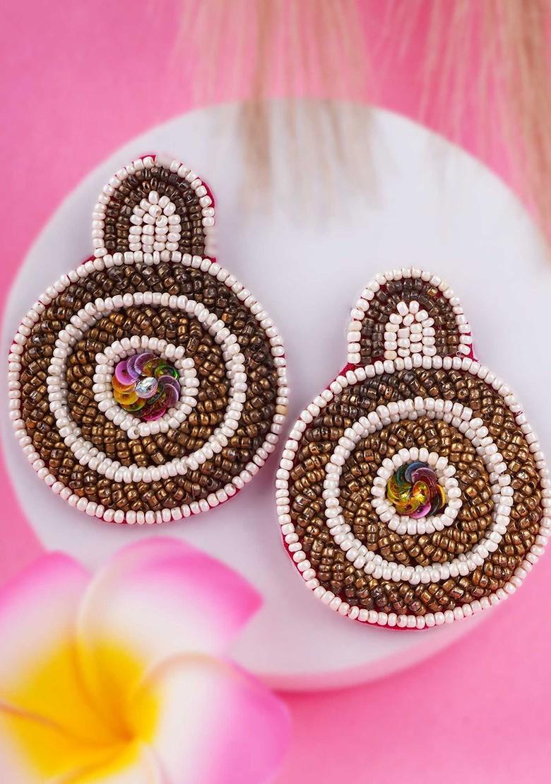 Gold Artificial Stones And Beads Rhodium Plated Earrings