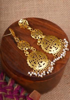 Gold Artificial Stones And Beads Gold Plated Earrings