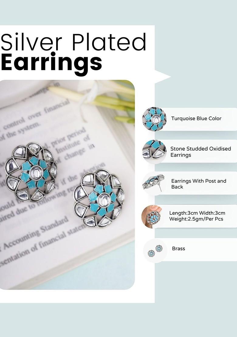 Blue Studded  And Beaded  Silver Plated  Earrings