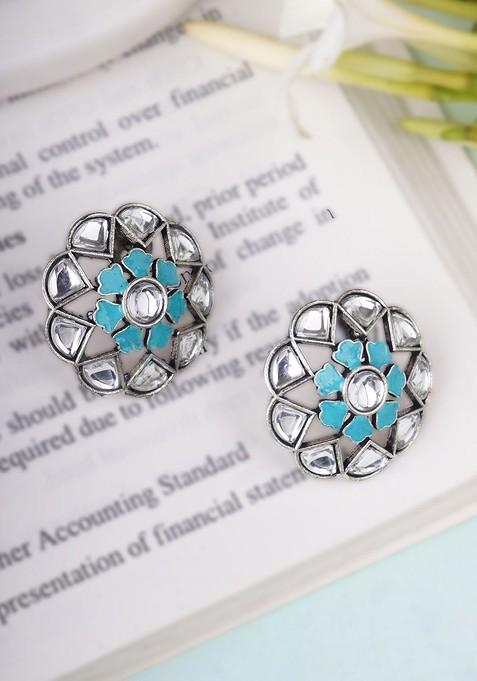 Blue Studded  And Beaded  Silver Plated  Earrings